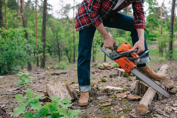 Vue recadrée du bûcheron en chemise à carreaux et jean en denim coupant le bois avec tronçonneuse en forêt — Photo de stock