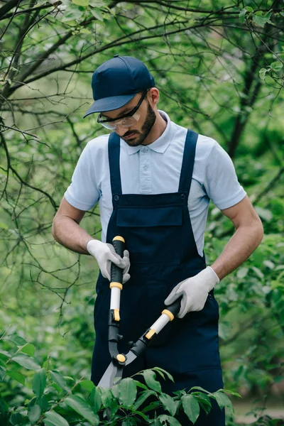 Jardineiro bonito em macacões e arbustos de corte de boné com aparador no parque — Fotografia de Stock