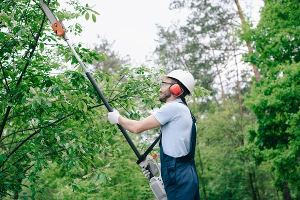 Садовник в шлеме и комбинезоне обрезает деревья телескопической пилой в саду — стоковое фото