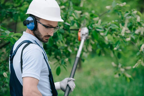 Selective focus of pensive gardener in helmet and hearing protectors trimming trees with telescopic pole saw in park — Stock Photo