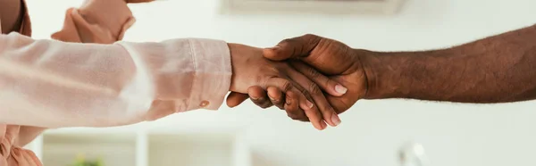 Cropped view of african american woman shaking hands with african american handyman, panoramic shot — Stock Photo