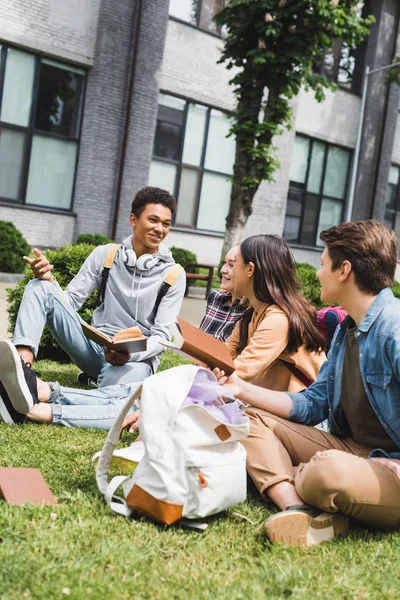 Smiling and happy teenagers sitting on grass, talking, holding books — Stock Photo