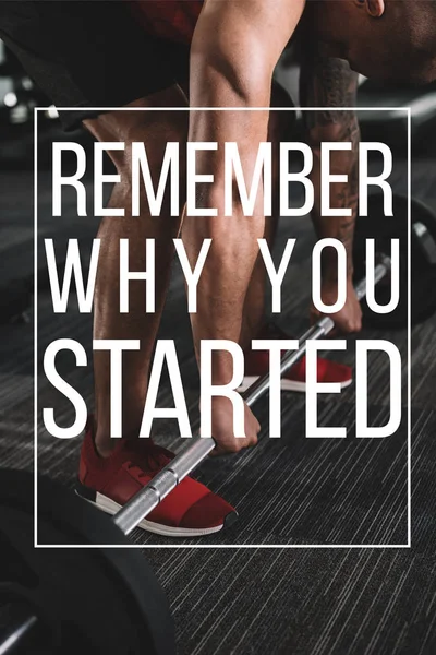 Cropped view of african american sportsman lifting barbell near illustration with remember when you started inscription — Stock Photo