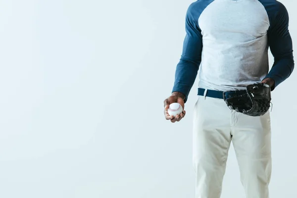 Cropped view of african american sportsman with baseball glove and ball isolated on grey — Stock Photo