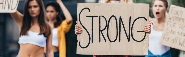 Panoramic shot of feminist holding placard with word strong near women — Stock Photo