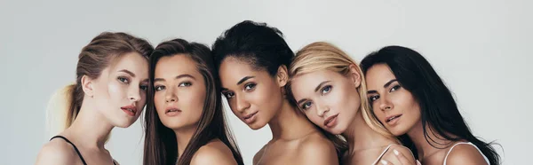 Панорамний знімок з п'яти багатоетнічних дівчат, які дивляться на камеру ізольовано на сірому — стокове фото