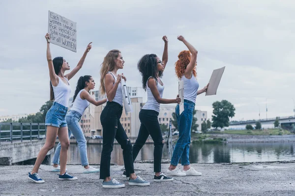 Chicas multiculturales emocionales sosteniendo pancartas y gritando mientras caminan afuera - foto de stock