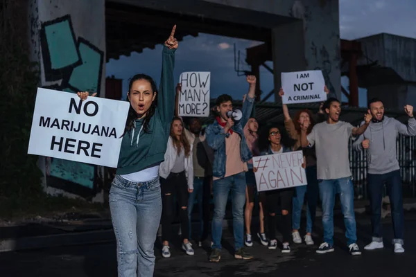 Enfoque selectivo de la mujer con pancarta sin letras de marihuana cerca de personas multiculturales gritando - foto de stock