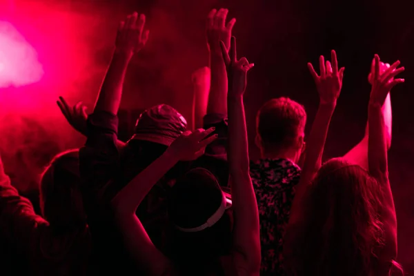 Вид ззаду людей з піднятими руками під час захоплюючої вечірки в нічному клубі з рожевим освітленням — стокове фото