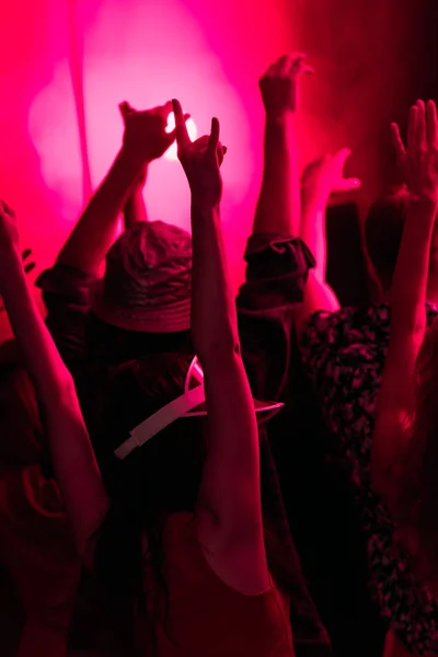 Back view of people with raised hands during rave party in nightclub with pink lighting — Stock Photo