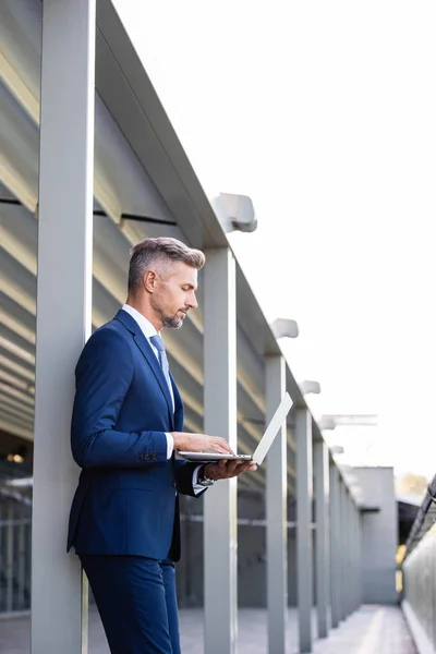 Seitenansicht eines gutaussehenden Geschäftsmannes in formeller Kleidung mit Laptop — Stockfoto