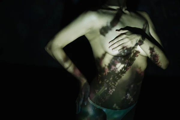 Ausgeschnittene Ansicht einer Frau, die Brüste bedeckt, während sie mit der Hand auf der Hüfte auf schwarz mit Schatten steht — Stockfoto