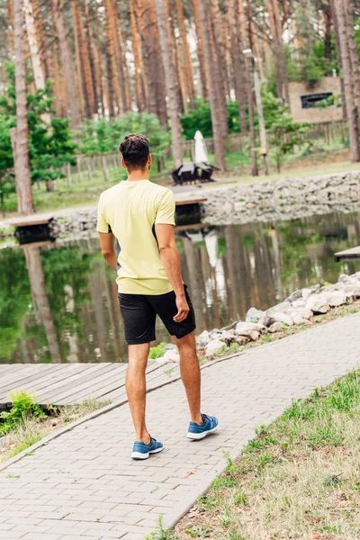 Vista posteriore dello sportivo che cammina sulla passerella vicino al lago — Foto stock