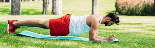 Tiro panorâmico de belo desportista fazendo exercício prancha no tapete de fitness — Fotografia de Stock