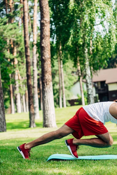 Vista recortada del deportista haciendo ejercicio en la alfombra de fitness en el parque - foto de stock