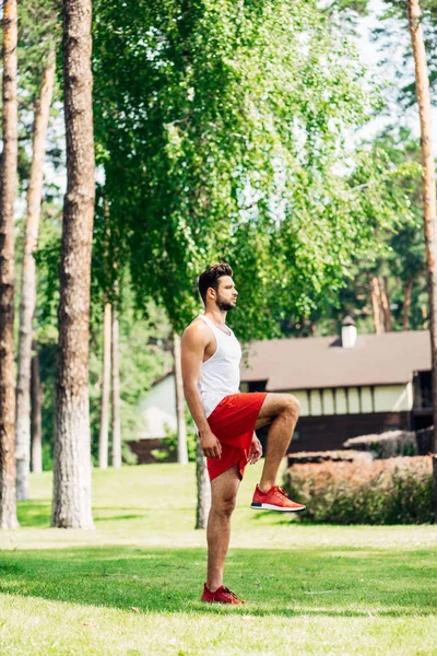 Vista lateral del guapo deportista deportivo entrenando en el parque - foto de stock