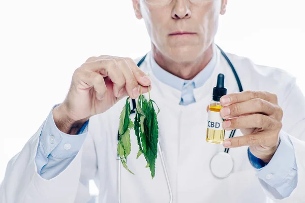 Cropped view of doctor in white coat holding cannabis oil and marijuana isolated on white — Stock Photo