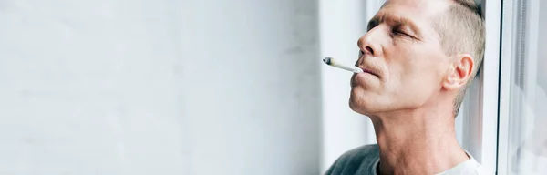 Panoramic shot of man smoking blunt with medical cannabis — Stock Photo