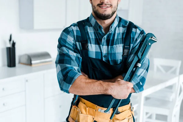 Vue recadrée de heureux outil de tenue bricoleur — Photo de stock