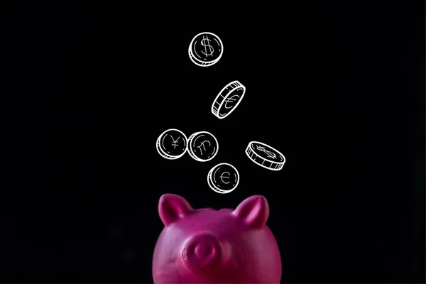 Rosa Sparschwein in der Nähe von Münzen mit Dollar- und Euro-Zeichen auf schwarz — Stockfoto