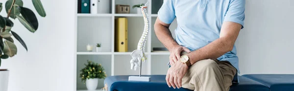 Panoramic shot of man sitting on massage table near spine model — Stock Photo