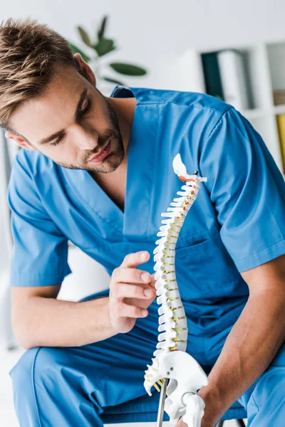 Guapo médico mirando el modelo de columna vertebral en clínica - foto de stock