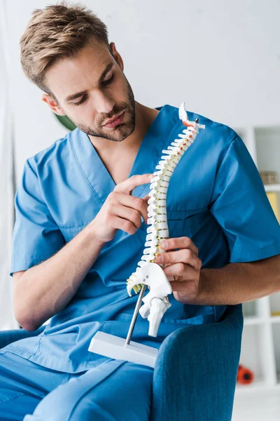 Guapo médico tocando la columna vertebral modelo mientras está sentado en sillón - foto de stock