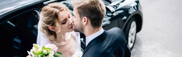 Panoramic shot of attractive bride and handsome bridegroom kissing outside — Stock Photo