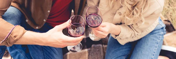 Panoramic shot of man and woman holding wine glasses — Stock Photo