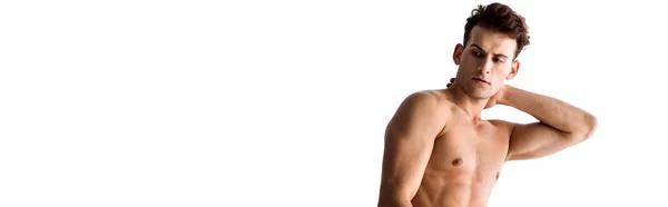 Panoramaaufnahme eines sexy jungen Mannes, der den Hals isoliert auf Weiß berührt — Stockfoto