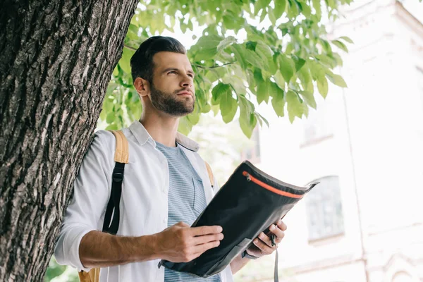 Tiefansicht eines bärtigen Mannes, der eine Karte in der Nähe eines Baumes hält — Stockfoto