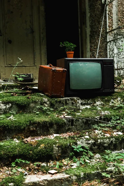 Télévision rétro près de sac de voyage vintage sur les escaliers verts avec moule — Photo de stock