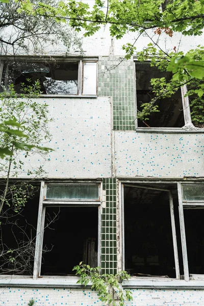 Foyer sélectif du bâtiment abandonné près des arbres verts à Tchernobyl — Photo de stock