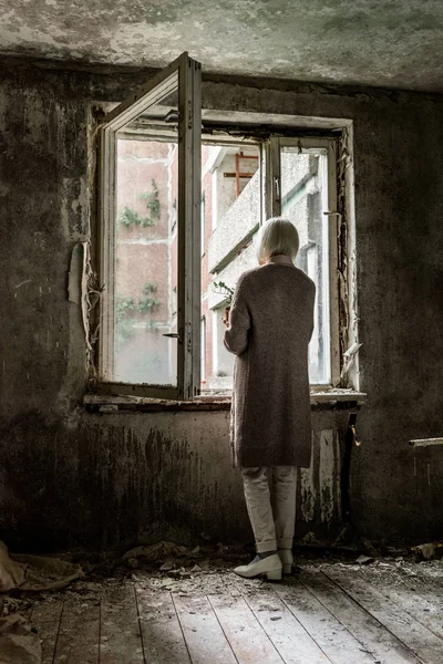 Вид сзади на пожилую женщину, держащую растение в комнате возле окон — стоковое фото