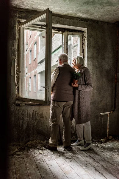 Mujer mayor sosteniendo planta verde y de pie con el marido cerca de ventanas - foto de stock