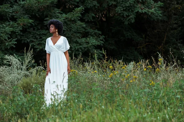 Foyer sélectif de belle femme afro-américaine dans le champ avec des fleurs sauvages — Photo de stock