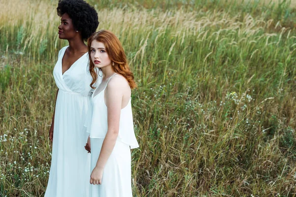 Молодые и красивые мультикультурные женщины, стоящие на зеленом поле — стоковое фото