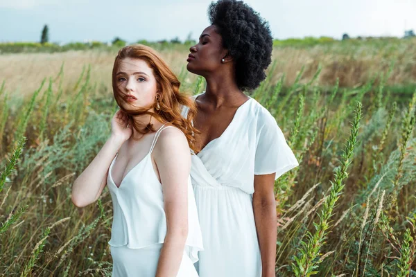 Young and pretty multicultural women in green meadow — Stock Photo
