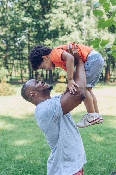 Feliz afroamericano hombre sosteniendo hijo por encima de la cabeza mientras camina en parque - foto de stock