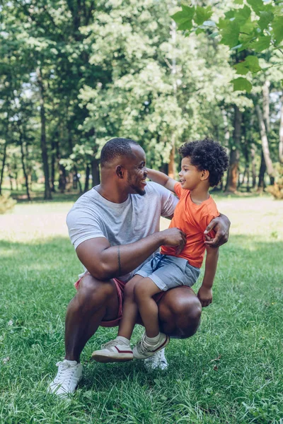 Glücklich afrikanisch-amerikanischer Mann hält entzückenden Sohn auf Knien im Park — Stockfoto