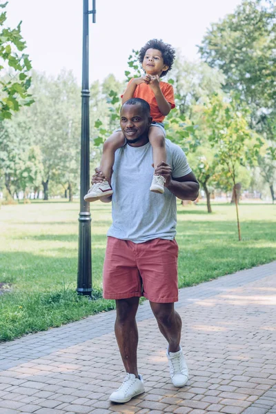 Giovane afroamericano padre piggybacking adorabile figlio nel parco — Foto stock