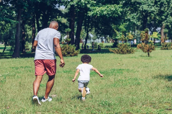 Visão traseira do pai e do filho americanos africanos que jogam futebol no parque — Fotografia de Stock