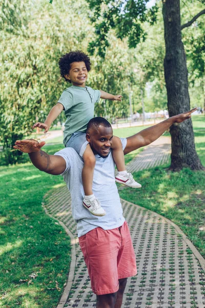 Allegro ragazzo afro americano che imita il volo mentre cavalca con il padre nel parco — Foto stock