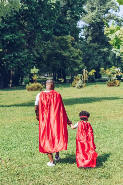 Вид ззаду афроамериканський батько і син тримають руки під час прогулянки в костюмах супергероїв у парку — стокове фото