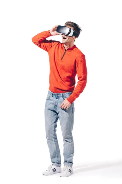 Excited man using Vr headset, isolated on white — Stock Photo