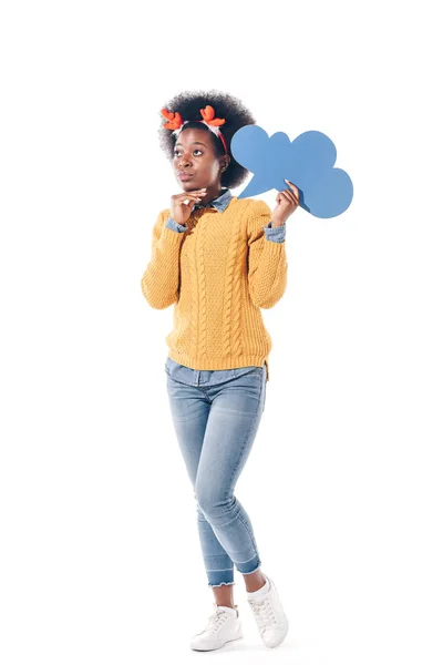 Thoughtful african american girl in christmas deer horns holding thought bubble, isolated on white — Stock Photo