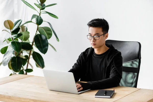 Hacker asiático en gafas sentado en la mesa y el uso de ordenador portátil - foto de stock