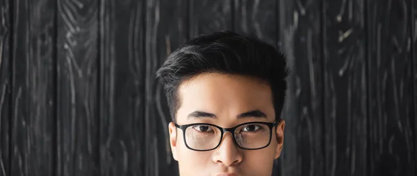 Panoramica tiro di asiatico uomo in occhiali guardando fotocamera su sfondo di legno — Foto stock