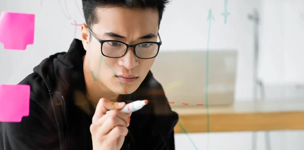 Tiro panorâmico de pensivo asiático seo manager em óculos olhando para vidro com notas pegajosas e gráficos — Fotografia de Stock