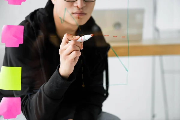 Cropped view of seo manager painting graphics on glass — Stock Photo